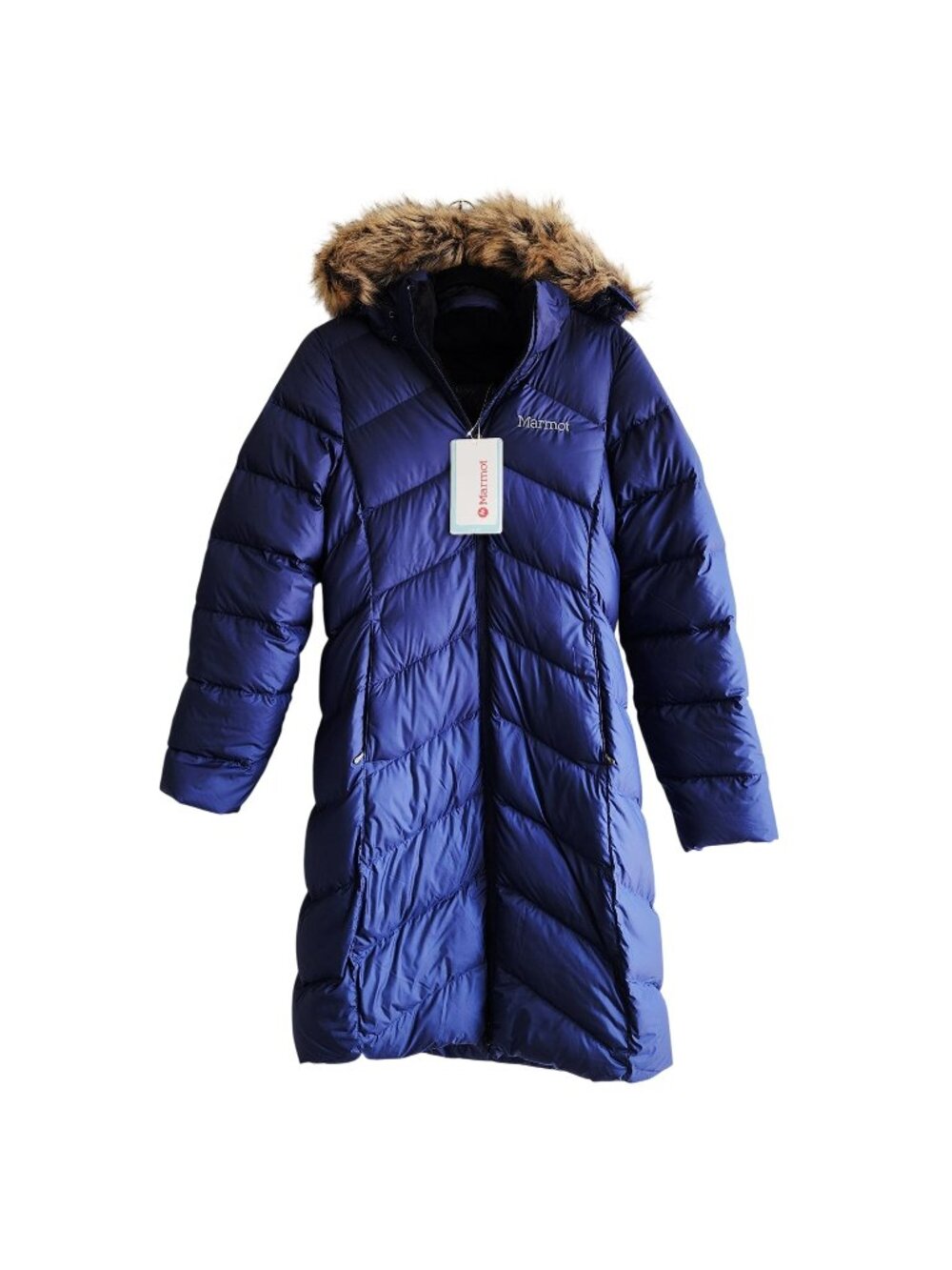 Marmot Womens Arctic Navy Long Down Puffer Coat Faux Fur Hood Size S $325
